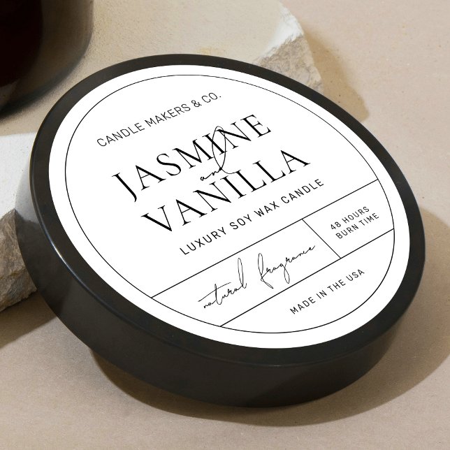 Élégant noir noir noir rond bougie Étiquette (Elegant minimalist round candle label in black and white apothecary style design)