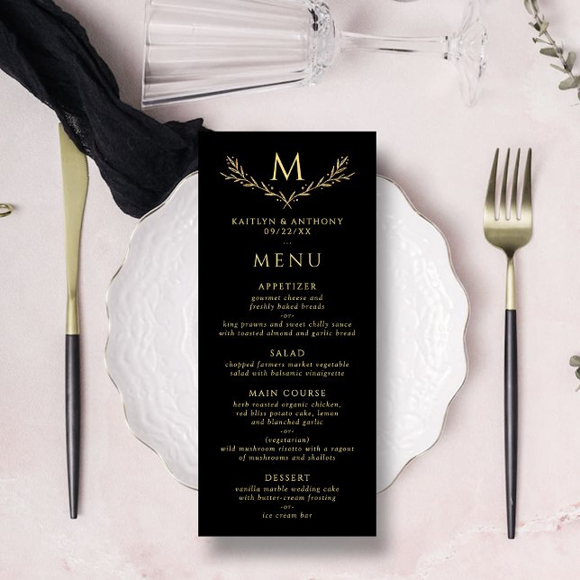 Elégant noir & or Monogramme Wreath Mariage Menu (Créateur téléchargé)