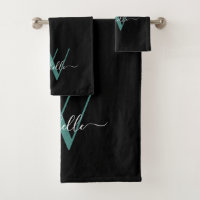Élégant noir Turquoise Monogramme Nom Script Servi