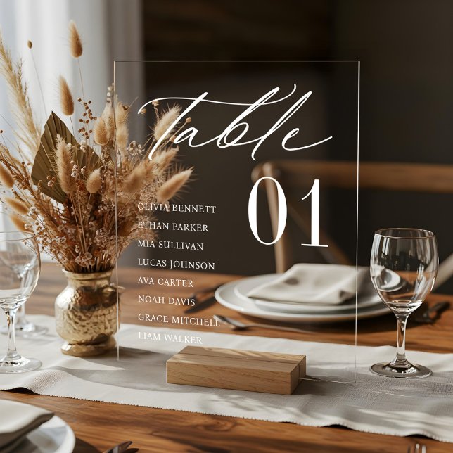 Élégant Nom minimal d'invité Numéro de table d'ass (Elegant Minimal Guest Names Seating Table Number Acrylic Sign)