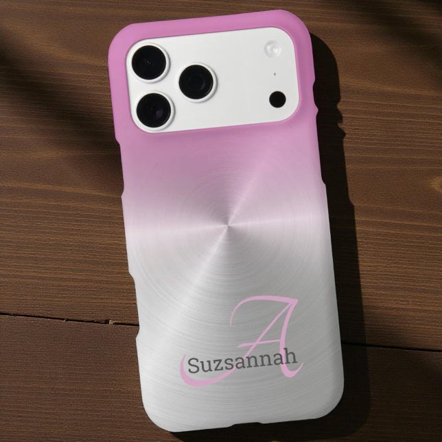 Élégant Nom Monogramme Pink Ombre Faux Metal (Pink ombre monogram and name template iPhone case)