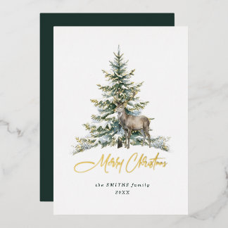Elegant Non Photo Watercolor Christmas Tree Deer Foil Holiday Card