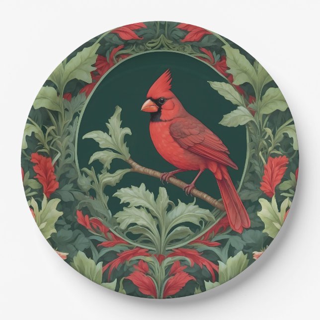 Elegant Northern Cardinal William Morris Inspired  Paper Plate (Front)