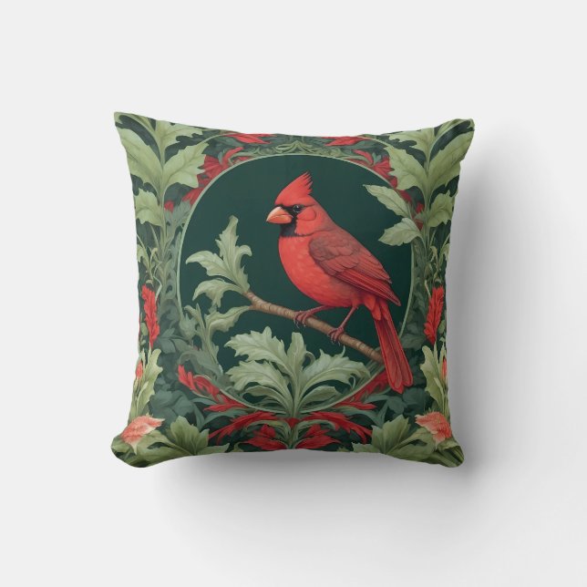 Elegant Northern Cardinal William Morris Inspired  Throw Pillow (Front)