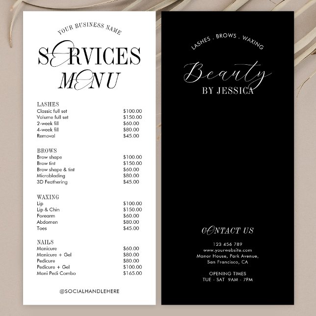 Élégant Nostalgic Script Logo Salon Services Menu (Fully editable price list of services menu featuring elegant calligraphy fonts)