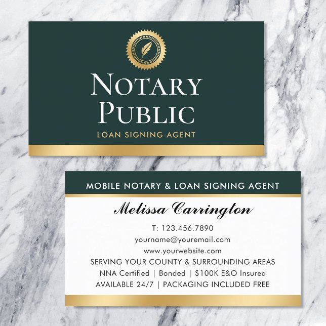 Elegant Notary Loan Signing Agent Gold Dark Green Business Card (Creator Uploaded)