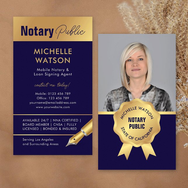 Elegant Notary Public Photo Navy & Gold Business Card (Modern notary photo business cards in navy blue and gold)