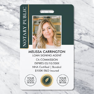 Elegant Notary Public Photo QR Green Gold Badge