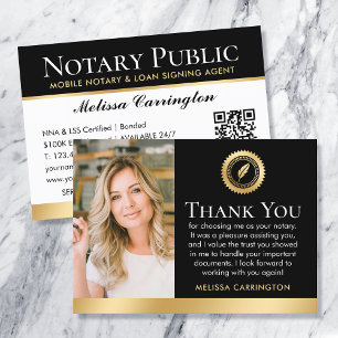 Elegant Notary Thank You Note Photo Black Gold Business Card