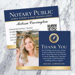 Elegant Notary Thank You Note Photo Navy Gold Business Card