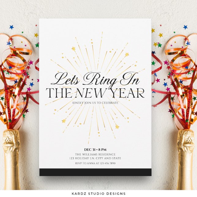 Élégant Nouvel An Eve Party Invitation (Invite shown in 5 x 7 inches, choose size, paper, and corner style.)