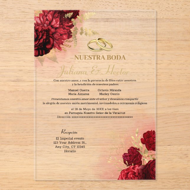 Elegant Nuestra Boda Red Floral Wedding Invitation (Recto)
