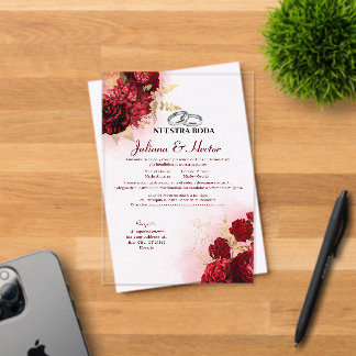 Elegant Nuestra Boda Red Gold Floral Wedding Acrylic Invitations