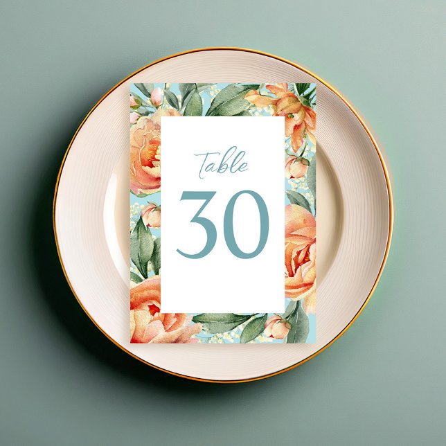 Élégant numéro de table de mariage Blue Peach Flor (Elegant watercolor wedding table number with peach and blue floral. )