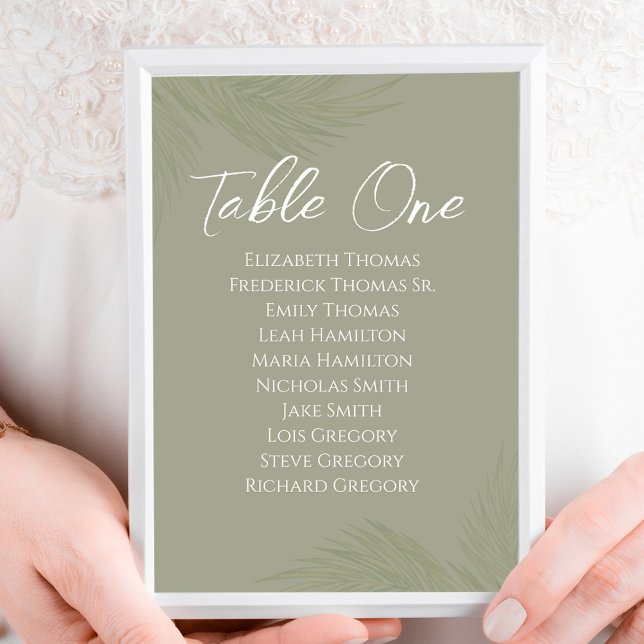 Élégant numéro de table de mariage Green Palm Feui (Tropical Wedding Table Number Sign with tropical palm leaves. )