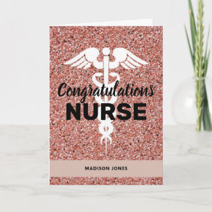 Elegant Nurse Graduation Pink Glitter Personalized Card
