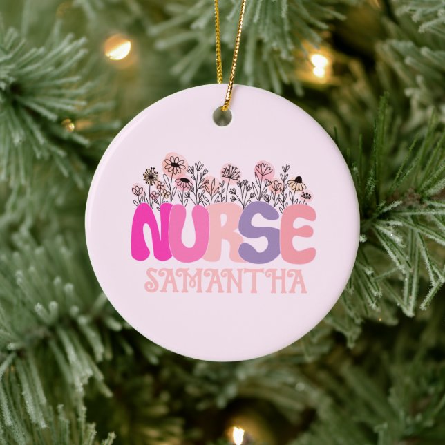 Elegant "Nurse" Typography with Vibrant Floral Ceramic Ornament (Tree)