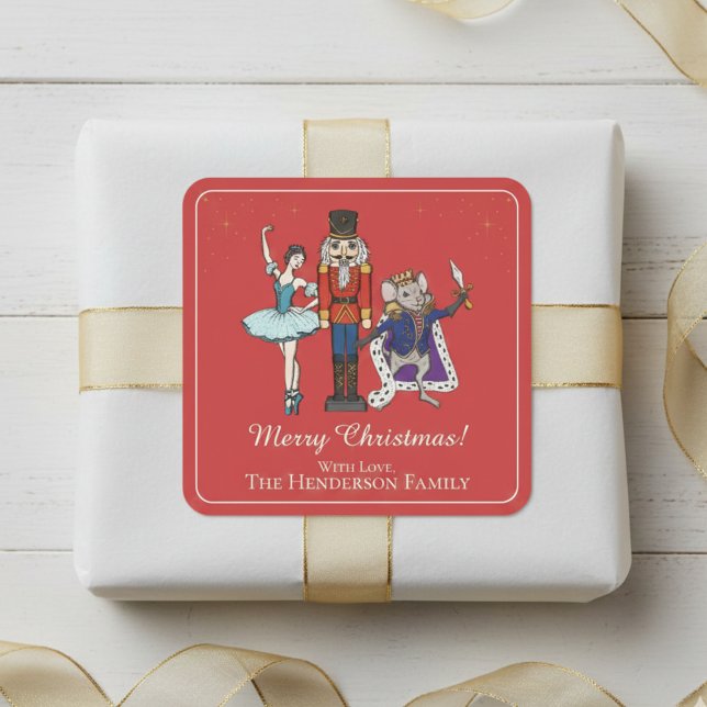  Elegant Nutcracker Merry Christmas Square Sticker (Festive Red Nutcracker Ballet Merry Christmas Sticker. Elegant Script. Cute Nutcracker & Ballerina)