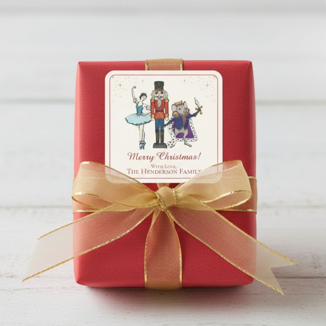 Elegant Nutcracker Merry Christmas Square Sticker (Festive Nutcracker Ballet Merry Christmas Sticker. Elegant Red Script. Cute Nutcracker & Ballerina)