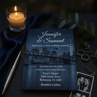 Elegant NYC Skyline at Night Wedding Invitation