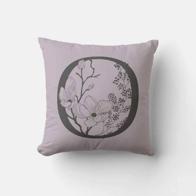 Elegant O Boho Floral Monogram Initial Lilac Grey Throw Pillow (Front)