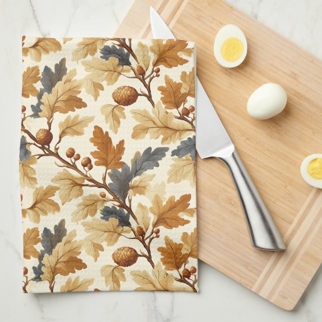 Elegant Oak Leaf & Pinecone Fall Pattern Kitchen Towel (Quarter Fold)