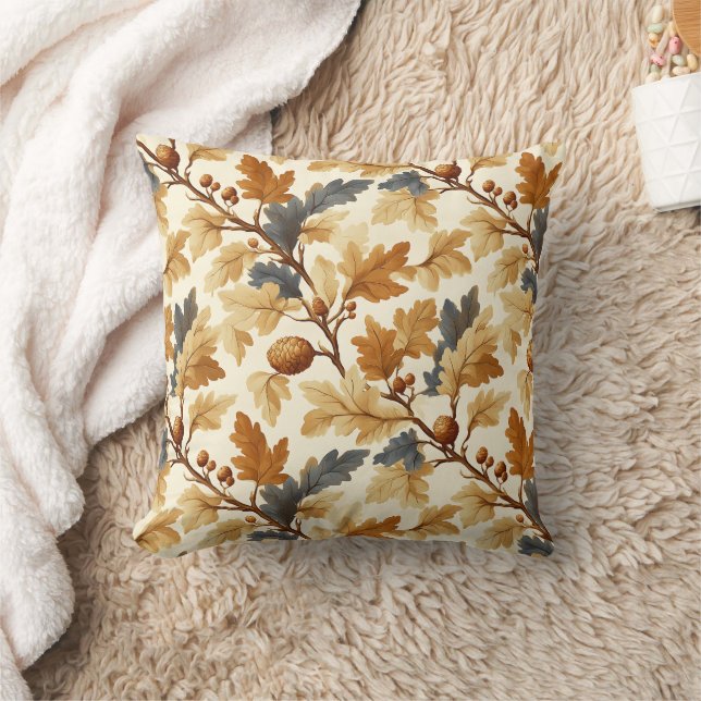 Elegant Oak Leaf & Pinecone Fall Pattern Throw Pillow (Blanket)