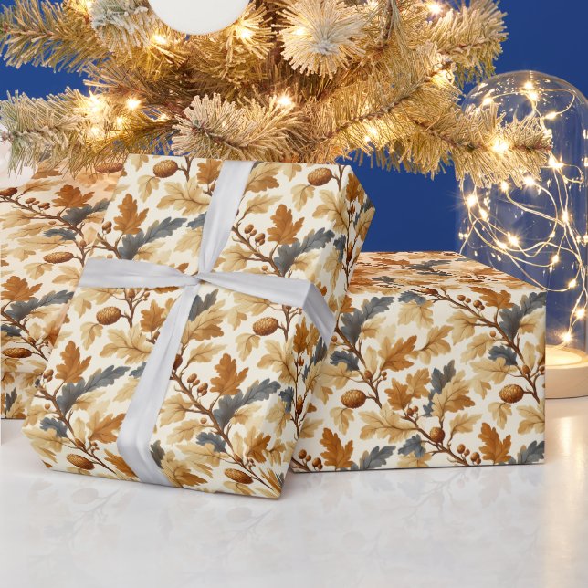 Elegant Oak Leaf & Pinecone Fall Pattern Wrapping Paper (Holidays)