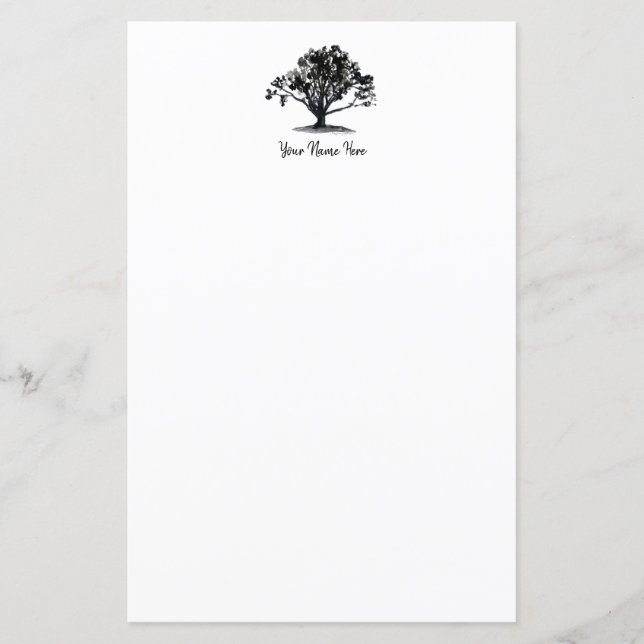 Elegant Oak Tree Ink Drawing Monogram Stationery (Front)