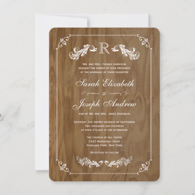 Elegant Oak Wood Monogram Wedding Invitations (Front)
