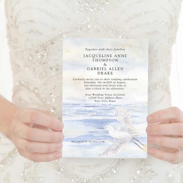 Elegant Ocean Beach Coastal Crane Blue and White Invitation (Creator Uploaded)