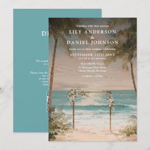 Elegant Ocean Beach String Lights QR Code Wedding Invitation