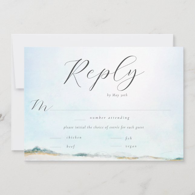 Elegant Ocean Beach Watercolor Wedding Meal RSVP (Front)