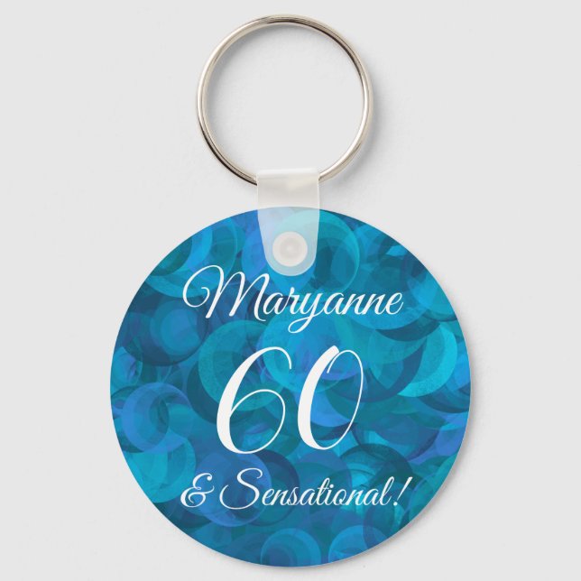 Elegant Ocean Blue 60 & Sensational Birthday Party Keychain (Front)