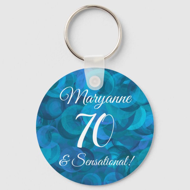 Elegant Ocean Blue 70 & Sensational Birthday Party Keychain (Front)