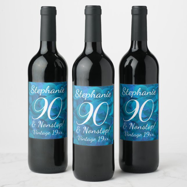 Elegant Ocean Blue 90 and Non-Stop Birthday Party Wine Label (Bottles)