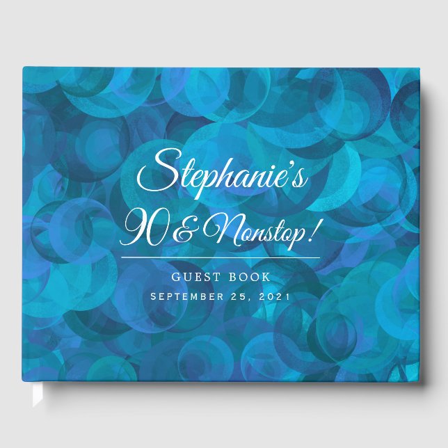 Elegant Ocean Blue 90 and Nonstop Birthday Party Guest Book (Front)