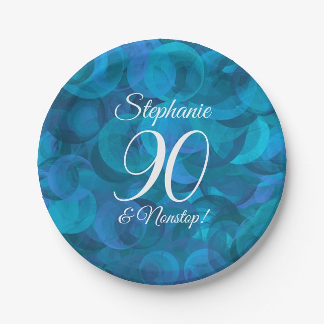 Elegant Ocean Blue 90 and Nonstop Birthday Party Paper Plate (Front)