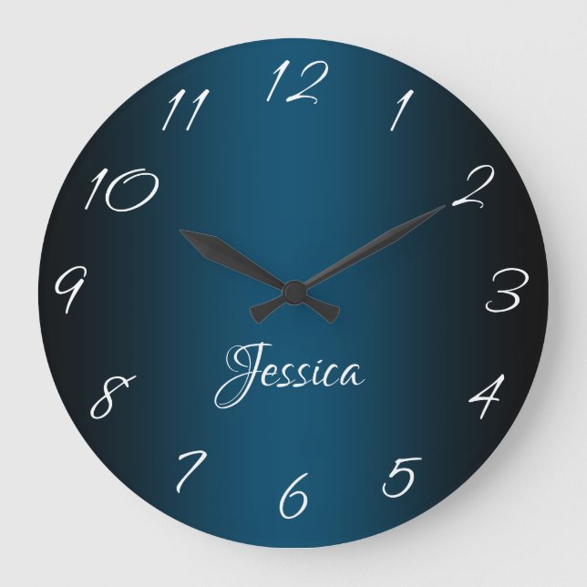 Elegant Ocean Blue and Black Ombre Personalized Large Clock (Front)