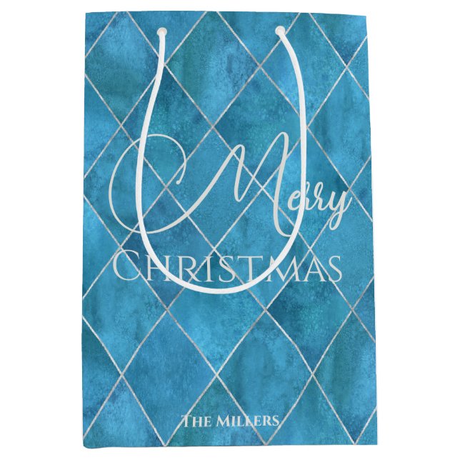 Elegant Ocean Blue Argyle Pattern Merry Christmas Medium Gift Bag (Front)