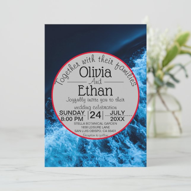 Elegant ocean blue waves Wedding Invitation (Standing Front)