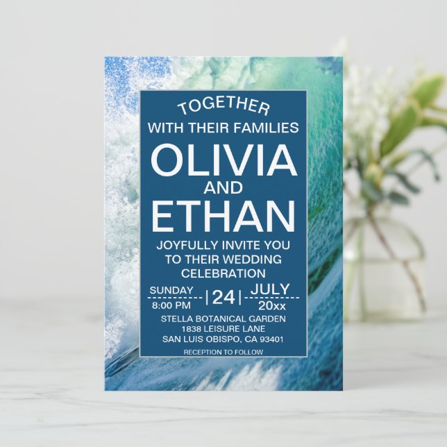 Elegant ocean blue waves Wedding Invitation (Standing Front)