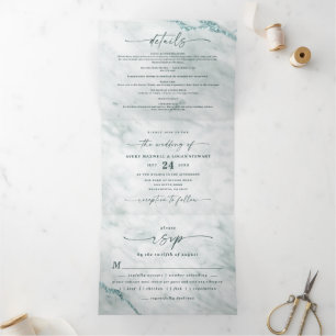 Elegant Ocean Teal Aqua Marble with Foil Wedding Tri-Fold Invitation
