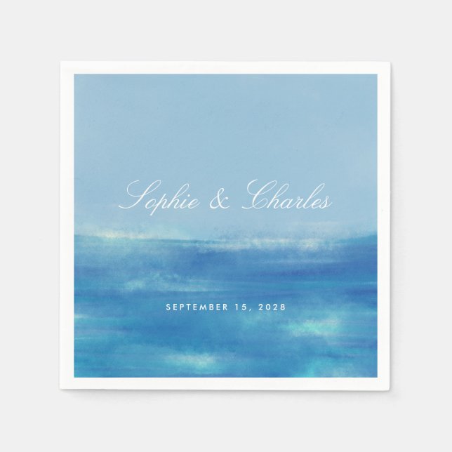 Elegant Ocean Watercolor Save the Date Postcard Napkin (Front)