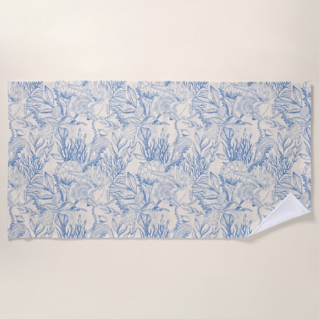 Elegant oceane blue toile beach towel (Front)