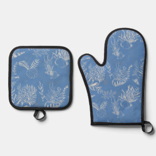 Elegant oceane blue toile oven mitt & pot holder set