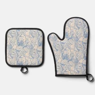 Elegant oceane blue toile oven mitt & pot holder set