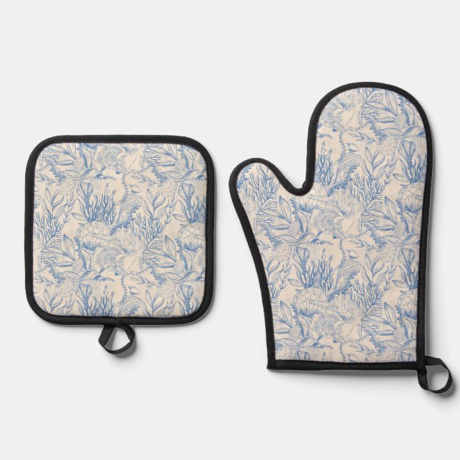 Elegant oceane blue toile oven mitt & pot holder set (Front)
