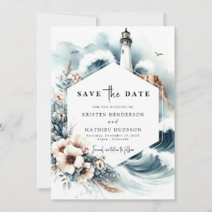 Elegant Oceanic Waves Lighthouse Wedding Save The Date