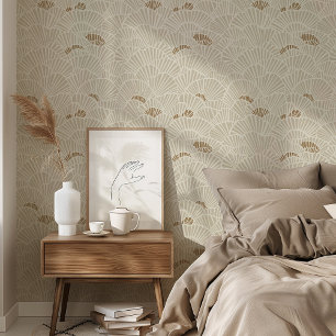 Elegant Off-White and Gold Art Deco Ocean Wallpaper
